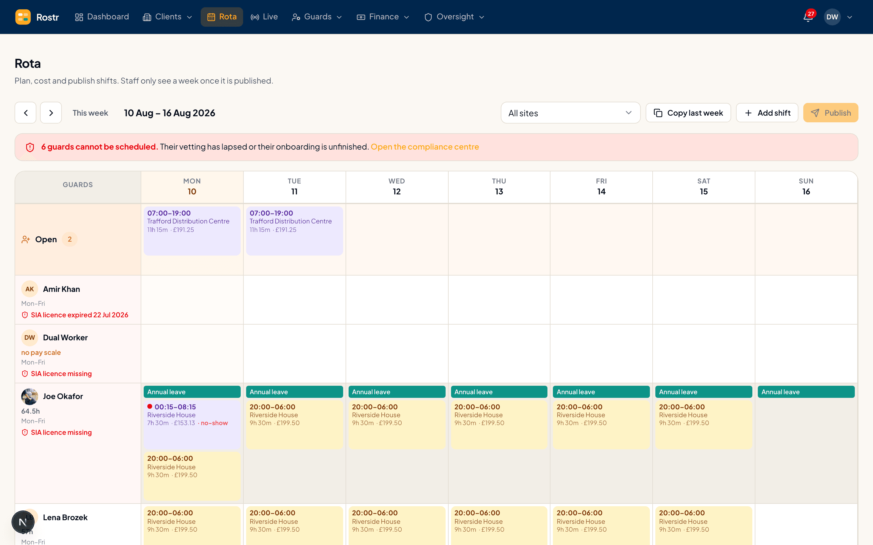 The On The Shift rota, showing a week of shifts across several client sites