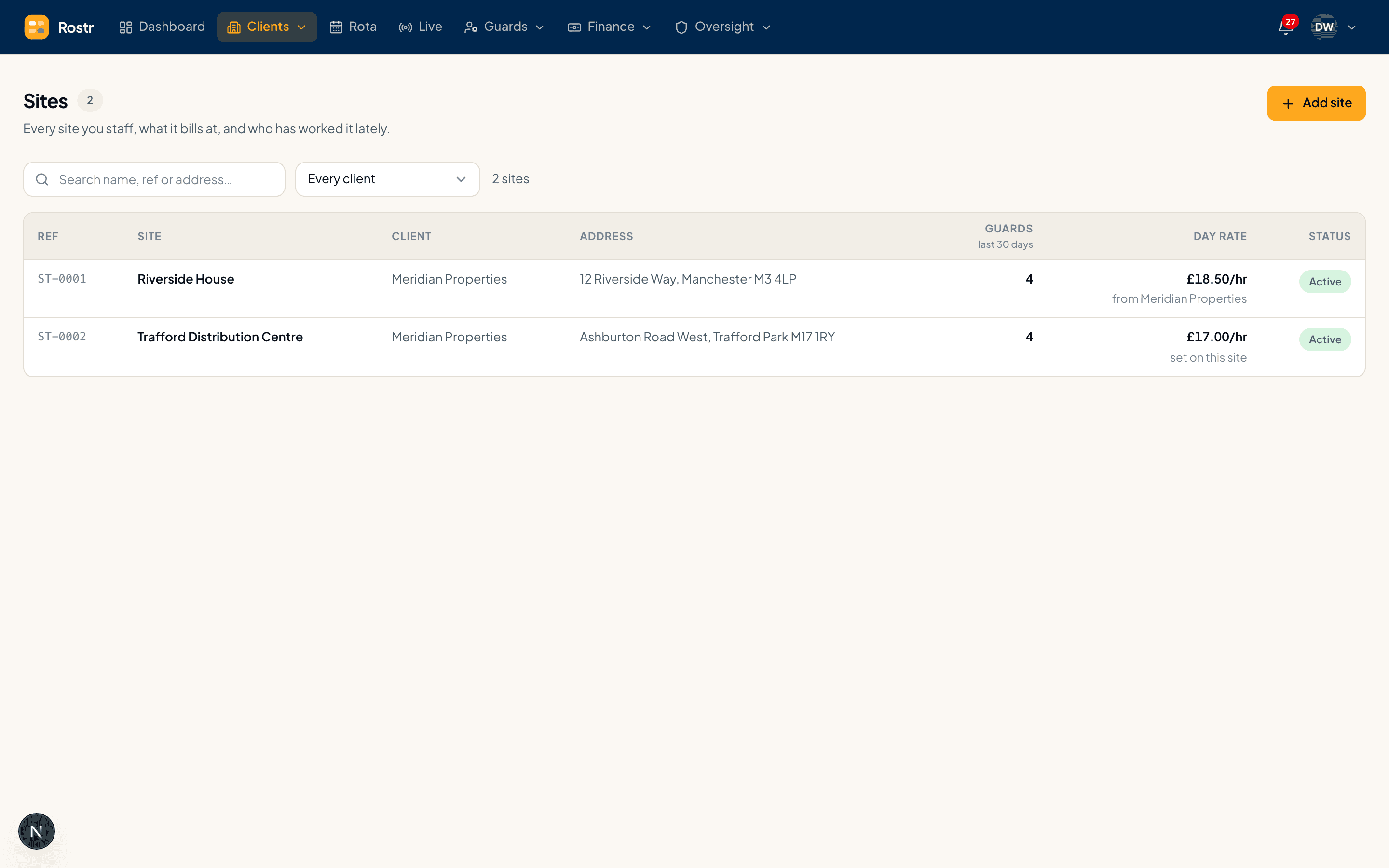 Site management in On The Shift, with checkpoints configured per location